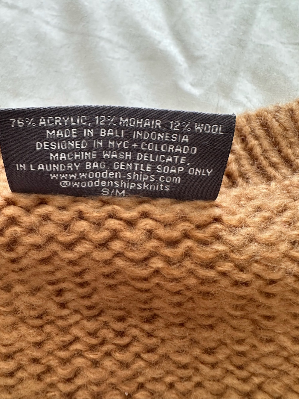 Wooden Ships Camel Crewneck Sweater with Black BOURBON Text size S/M - Picture 12 of 16